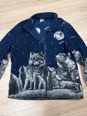 Women's Navy Zip-Up Fleece Jacket with Wolf Graphic